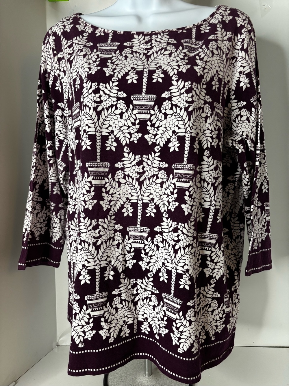Talbots Purple and White 3/4 sleeve Printed Botanical Tunic Sz 1X